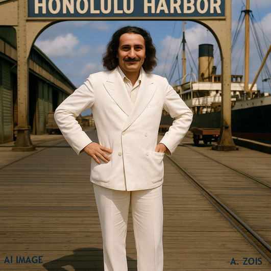 This AI image shows Meher Baba in the post of Honolulu, Hawaii, prior to sailing for the Orient. Image produced by Anthony Zois.