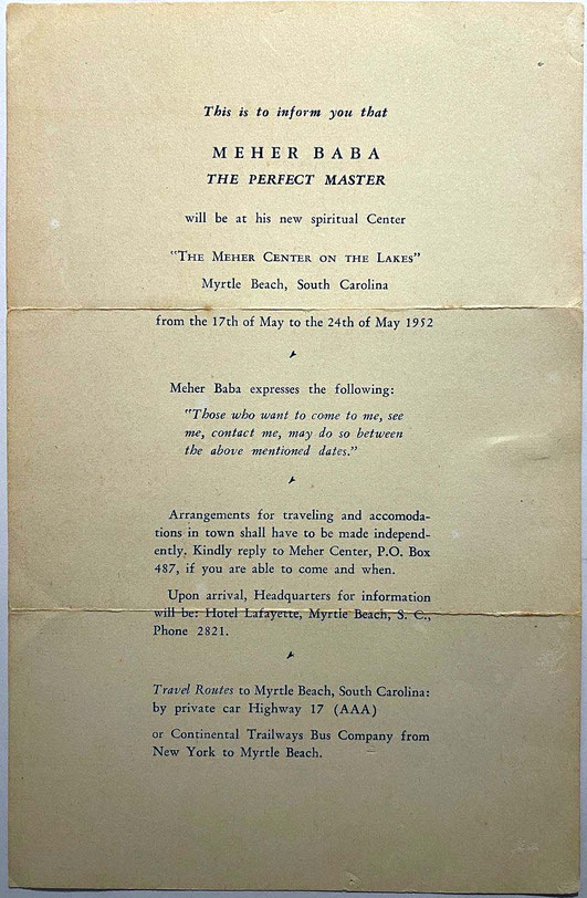 Notice distributed announcing Meher Baba's forthcoming visit to the Center at Myrtle Beach in 1952. Courtesy of the Meher Center, Myrtle Beach, SC.