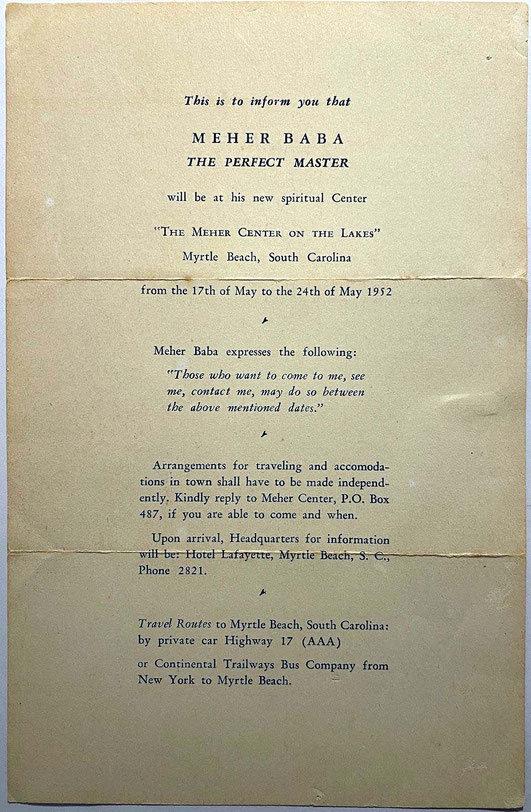 Notice distributed announcing Meher Baba's forthcoming visit to the Center at Myrtle Beach in 1952.  Courtesy of the Meher Center,  Myrtle Beach, SC.