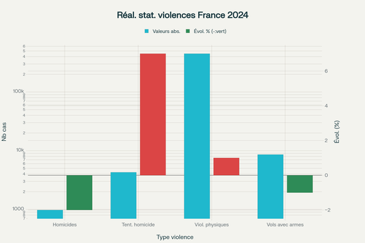 Panorama statistique officiel des violences en France en 2024 selon le SSMSI, montrant des évolutions contrastées qui ne confirment pas une explosion généralisée de la violence