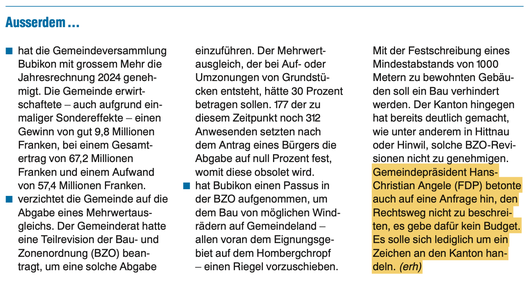 (Ausschnitt aus dem «Zürcher Oberländer» vom 13. Juni 2025)