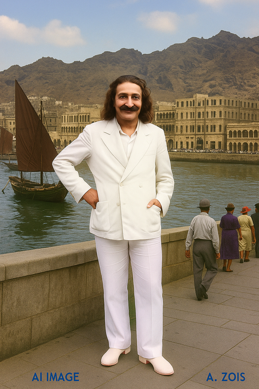  This is a AI produced image depicting Meher Baba in Aden, Br. Yemen, based on Baba's photo taken in Nanking, China in 1932. Image produced by Anthony Zois.