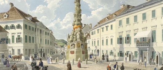 Pestsäule und Kaiserhaus in Baden/Wien ca. 1830