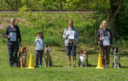 Vier Personen stehen mit jeweils einem Hund auf einer Wiese zwischen zwei gelben Hütchen und halten Urkunden in der Hand