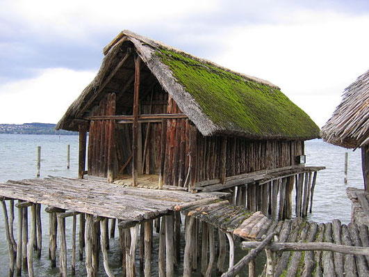 A modern reconstruction of a pile settlement on Bodensee in Switzerland - image from Wikipedia
