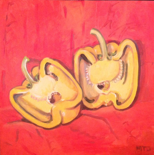 Yellow Pepper on red   16 x 16 