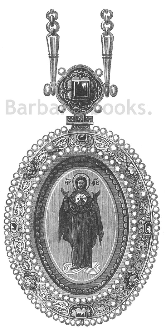 Abb. 284. – Griechische Panagia oder Bild der Heiligen Jungfrau mit einem Porträt von Jesus Christus auf ihrer Brust. – Aus „Altertümer Russlands“ von Sevastianof (13. Jahrhundert).