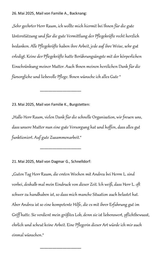 26.5.25: Kunden bewerten RAUM Seniorenpflege24 in Auenwald positiv