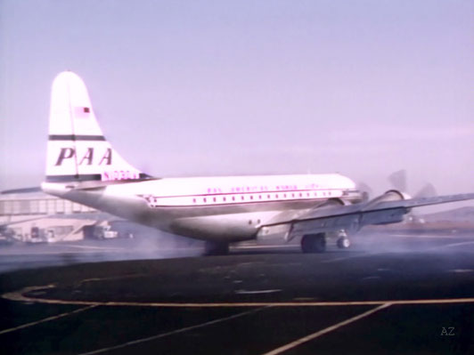 Meher Baba flew in the above plane, here it is about to take off from San Francisco Airport on its way to Honolulu. The image was captured by Anthony Zois from a film by Sufism Reoriented.