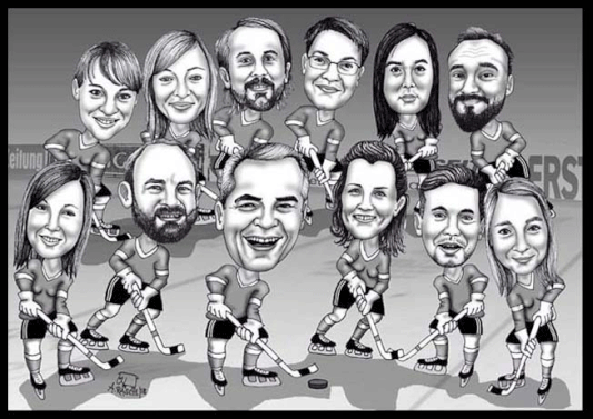 Karikaturen zeichnen lassen. Eine Firmenbelegschaft als Eihockeymannschaft.