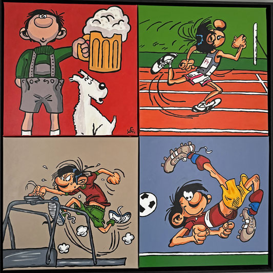 Original Pop-Art Serie SPORTSBAR von Divo Santino. Vier handgemalte Sportmotive im schwarzen Rahmen. Moderne Wandkunst, die das Flair einer Sportsbar mit TV-Monitoren interpretiert.