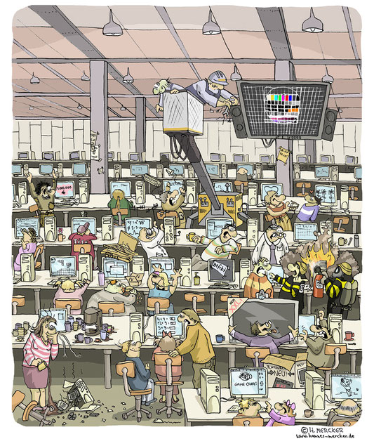 Darstellung eines Computerraumes als Wimmelbild. Illustrator: Hannes Mercker