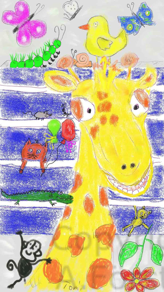 Das ist Tomis Giraffe. Er liebt sie .... Sie gegleitete ihn den ganzen lieben Sommer.
