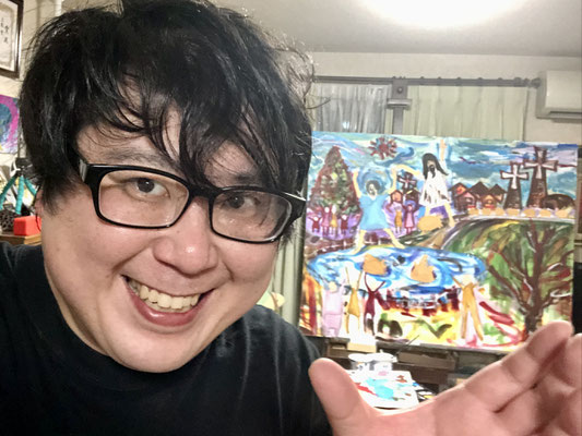 描きかけの１００号新作「ガダラの豚」とYUTAKA