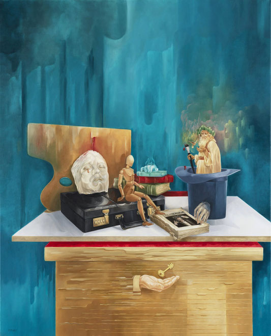 La Magie de l'Art. Huile sur Toile. 86 x 105 cm. avec les bordures peintes de la toile sur châssis. Exposée dans le stand des Maxi-Réalistes au Salon Comparaisons, Février 2020. Musée du Grand Palais. Paris.