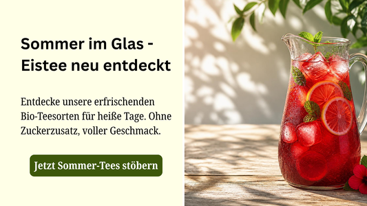 Teetasse, Kanne und Blumen mit Text "Nur im Juni - Versandkostenfrei ab 10 EUR Mindestbestellwert. Code:JUNI26