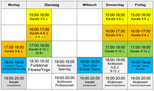 Karate Minis 4-6 Jahr, Kinder 6-8 Jahre, Schüler 9-13 Jahre, Teens 13-17 Jahre, Erwachsen, Kickboxen 6-12 Jahre, Fitness Joga, 