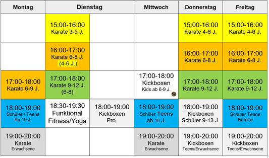 Karate Minis 4-6 Jahr, Kinder 6-8 Jahre, Schüler 9-13 Jahre, Teens 13-17 Jahre, Erwachsen, Kickboxen 6-12 Jahre, Fitness Joga, 