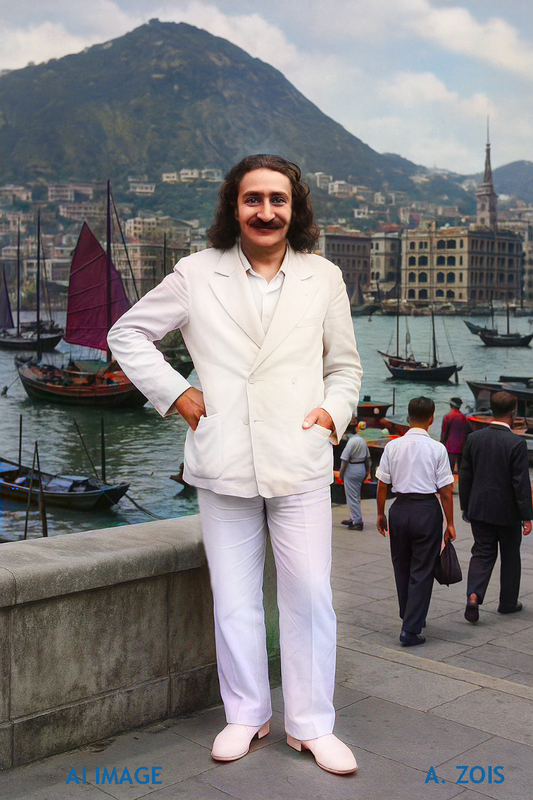 This is a AI produced image depicting Meher Baba in Hong Kong, based on Baba's photo taken in Nanking, China in 1932. Image produced by Anthony Zois.
