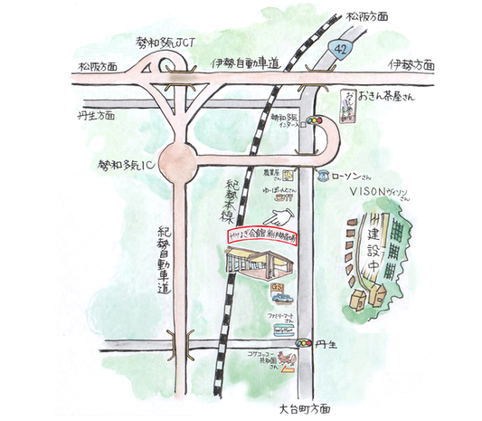 やなぎ会館奥伊勢斎場へのアクセス（周辺：ヴィソン・コケコッコー共和国・ゆーぽいんと・おきん茶屋）日本最大級の商業リゾート「VISON（ヴィソン）」のすぐ前にあります。伊勢自動車道、勢和多気IC降りてすぐ。