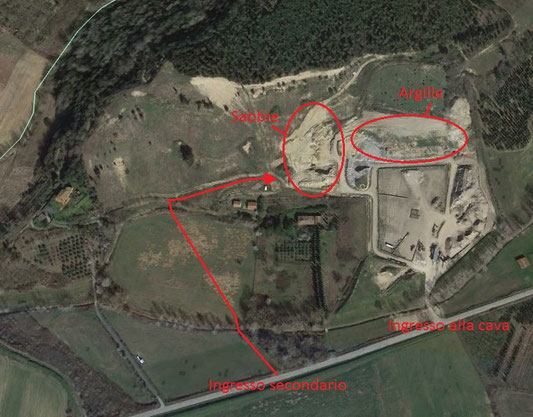 Veduta dal satellite della cava con l'ubicazione dei punti notevoli.
