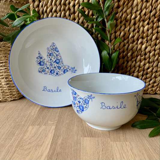 Ensemble bol + assiette creuse Colombe Liberty Bleu