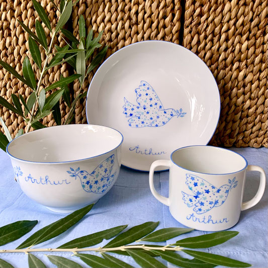 Ensemble de baptême Colombe étoiles bleu avec bol et mug 2 anses