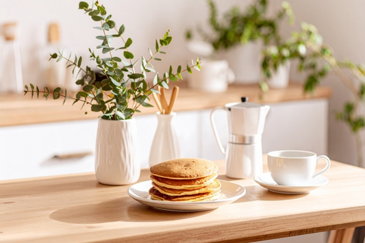 キッチンのテーブルにパンケーキのお皿とコーヒーカップ。花瓶にグリーンが飾られている。家族の食卓。