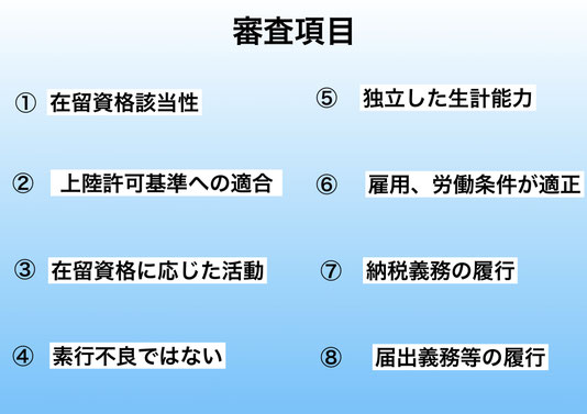 この画像は名古屋結婚ビザサポート（配偶者ビザ）における技能実習生ビザから結婚ビザ変更における説明において、審査項目を列挙した資料になります