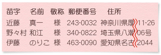 メールソフトで作った名前リストに郵便番号と住所の指示を追加した例