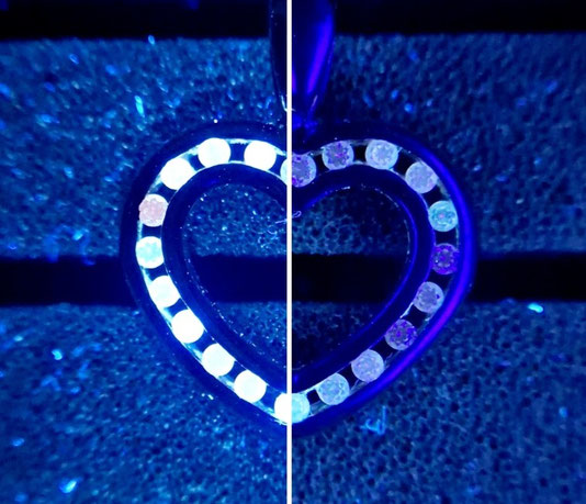 Split-Screen-Analyse eines diamantbesetzten Herz-Anhängers bei M. Franke Goldhandel in Mühldorf: Direkter Teil-Teil-Vergleich der Fluoreszenz-Reaktionen unter veränderten UV-Lichtwellen.