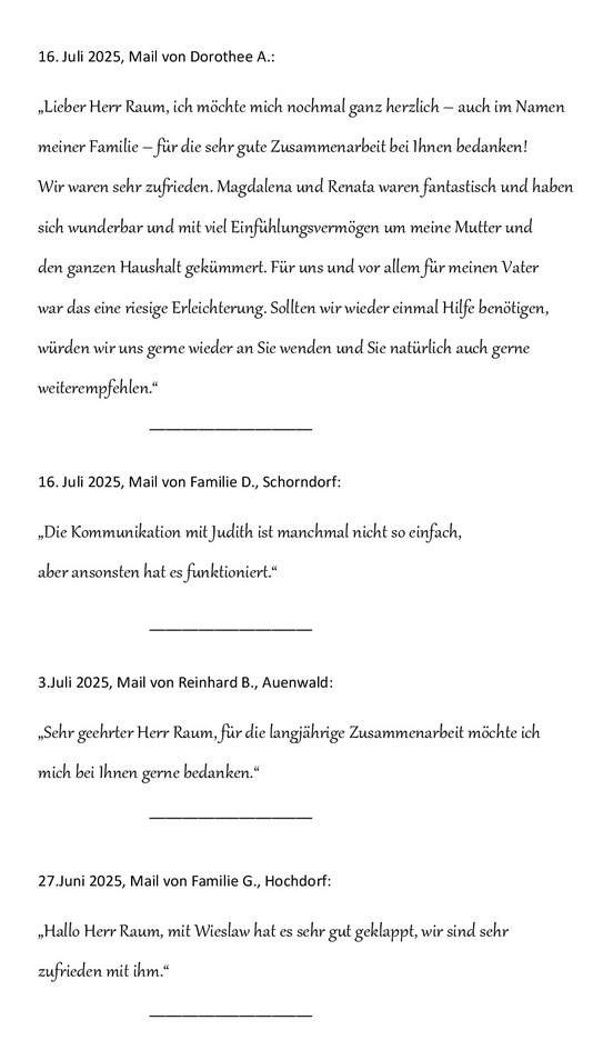 16.7.25: Kunden bewerten RAUM Seniorenpflege24 in Auenwald positiv