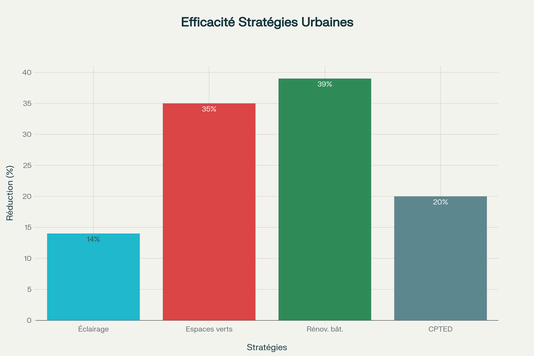 Efficacité des stratégies de design urbain pour la prévention de la violence (réduction en pourcentage)