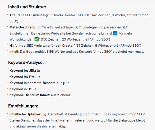 Ergebnisse aus eine SEO-Onpage-Analyse durch ein ChatGPT-Plugin