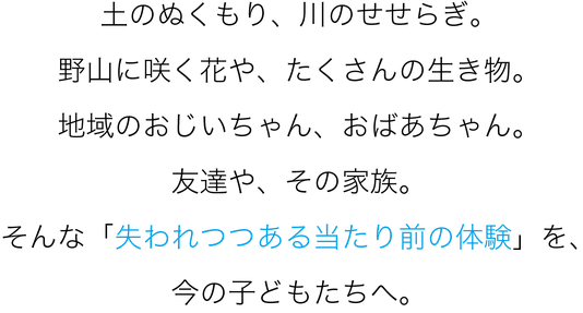 土のぬくもり、川のせせらぎ。 野山に咲く花や、たくさんの生き物。 地域のおじいちゃん、おばあちゃん。 たくさんの友達や、その家族。 そんな「失われつつある当たり前の体験」を、 今の子どもたちへ。