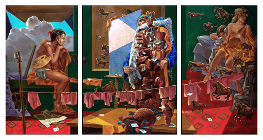 Kaikaoss- Triptychon – The Creation of a Gambler-oil on canvas, 150x300cm