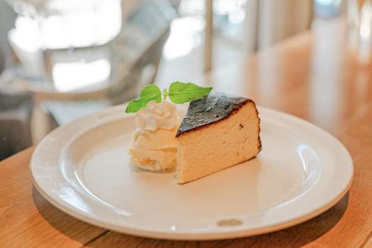カフェの店内。壁に掛けられたフォトフレーム。マガジンラック。観葉植物。