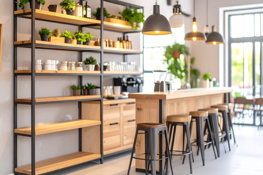 おしゃれなカフェの店内。カウンターテーブル。営業中。