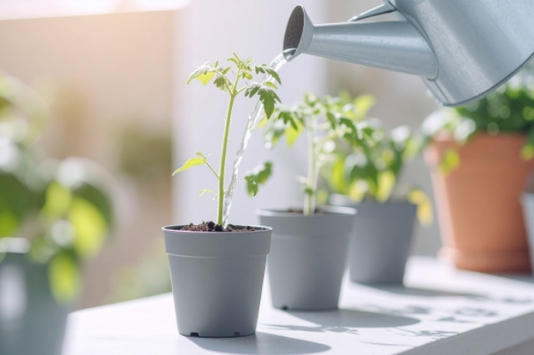 鉢植の苗木にじょうろで水をやる。育てる。