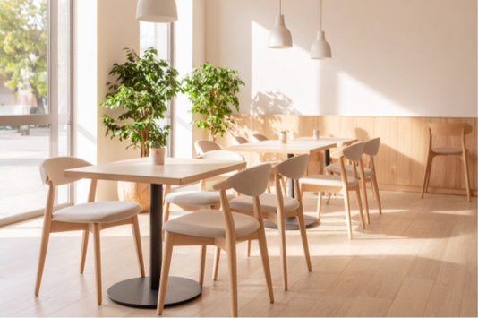グリーンが飾られたウッドベースのカフェの店内。