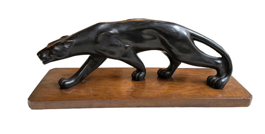 Black Art Déco panther in striding pose on a wooden base