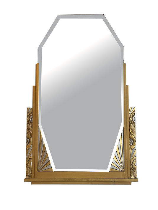 Original Art Déco mirror from France. Gold colored mirror with floral ornaments.