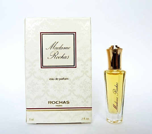 MADAME ROCHAS - EAU DE PARFUM 3 ML - MINIATURE AVEC BOUCHON DORE, SERIGRAPHIE DOREE, BOÎTE BLANCHE