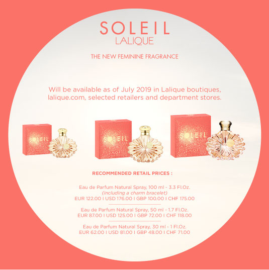 LALIQUE - SOLEIL : PRESENTATION DES 2 FLACONS A VENIR : UN FLACON DE 50 ML & UN AUTRE DE 30 ML