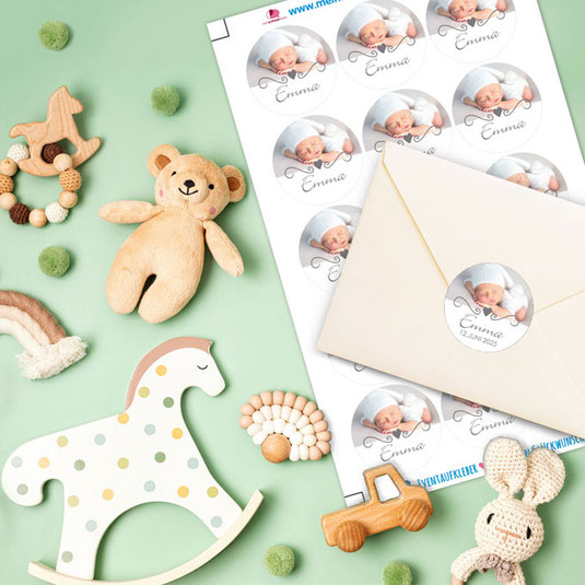 personalisierbare Babyaufkleber zur Geburt, personalisierbar mit Wunschtext und Foto - zur Geburt, Babyshower, Gastgeschenke, Einladungen, Dankesbriefe