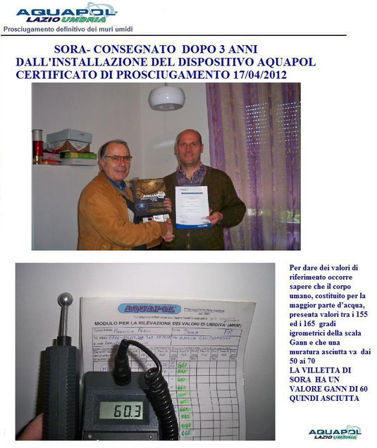 SORA CONSEGNATO CERTIFICATO DI PROSCIUGAMENTO APRILE 2012