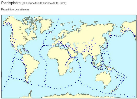 Répartition des séismes sur Terre. Source: http://www.clg-montesquieu-evry.ac-versailles.fr/IMG/pdf/pp_tectonique_des_plaques.pdf