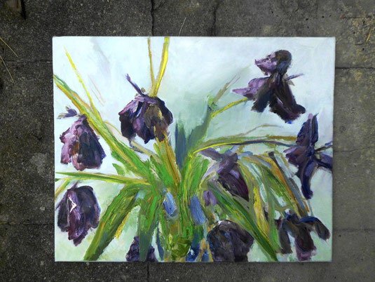 Tulpen 2, verwelkte tulpen, rotviolett, gelbgrün, öl leinwand