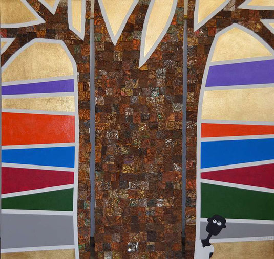 NALA and Mr. Baobab, (83 x 80 cm) rusted cans, gold dutch metal, acrylic on hardboard, by André Pilz