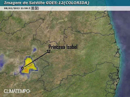 Imagem de satélite mostrando uma Cumulonimbus bem próxima à Princesa Isabel. Quanto mais próximo de vermelho (nesse caso é laranja) é a tempestade, mais forte ela é.